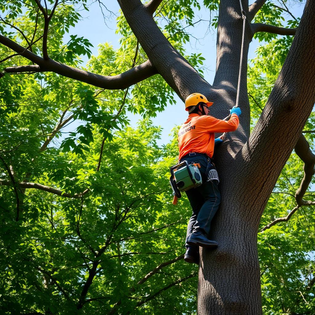 Arborist bei der Baumpflege in großer Höhe